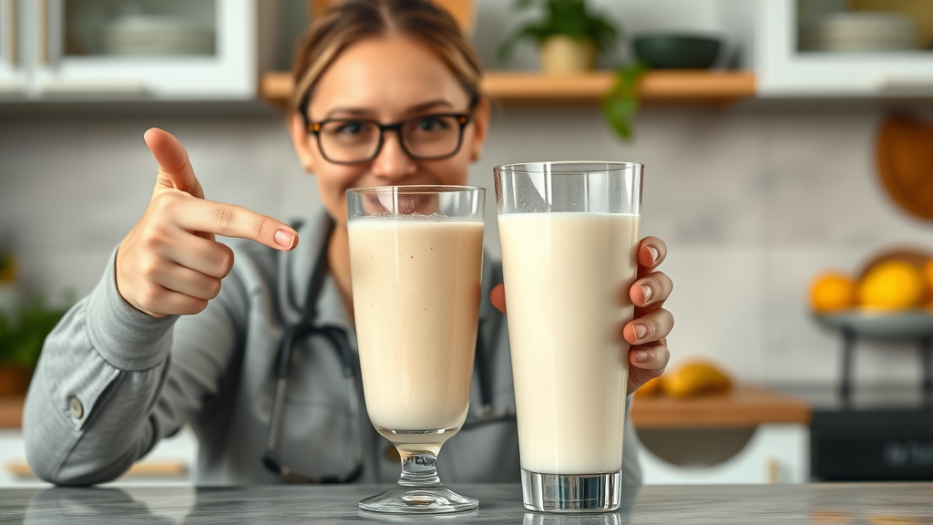 Comparison between a glass of creamy cashew milk smoothie and a glass of dairy milk smoothie with a friendly nutritionist