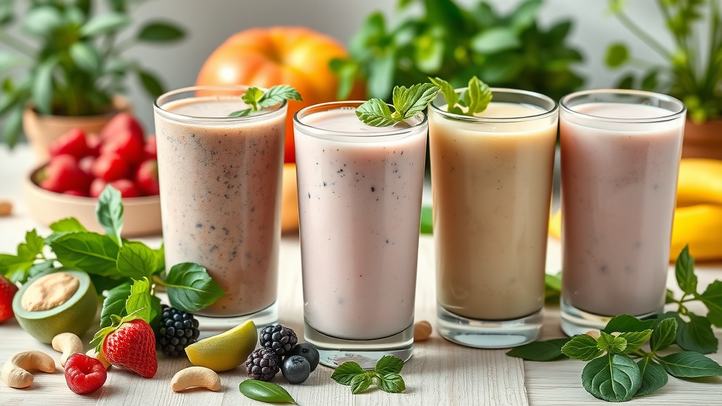 Colorful lineup of three cashew milk smoothies with leafy greens, berries, peanut butter, and cashews on a wooden table