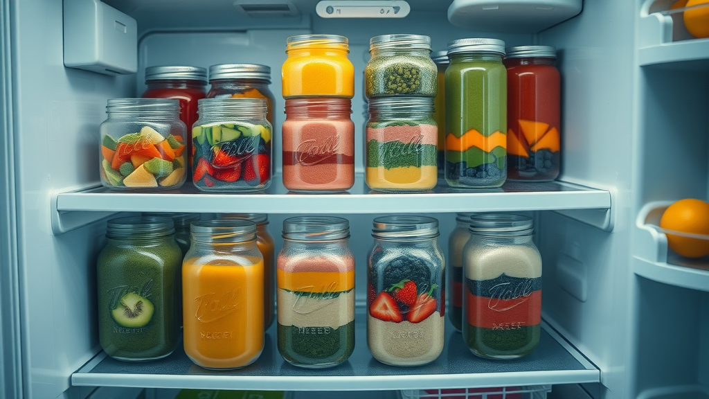 Organized fridge shelf with pre-prepped smoothie jars in neat rows and layers