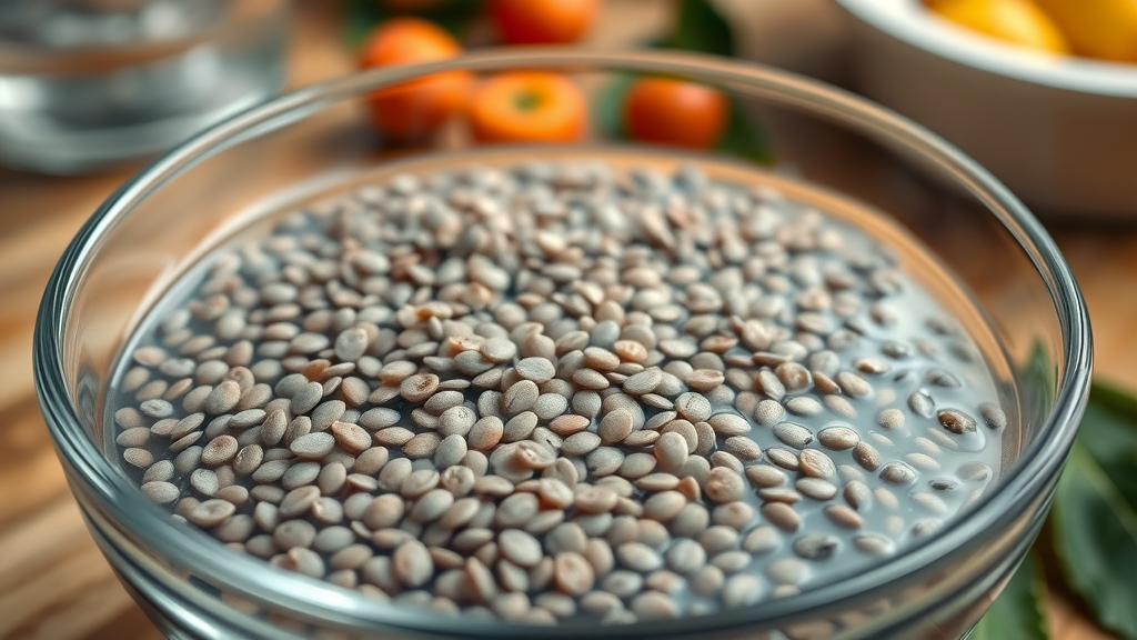 Close-up of chia seeds soaking in water for chia seed smoothie recipes, plump texture in a clear glass bowl, fresh fruits in background