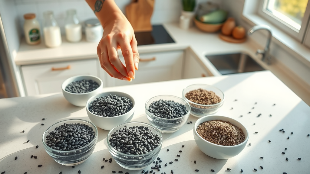 Organized bowls of black and white chia seeds for chia seed smoothie recipes, kitchen counter with almond and coconut milk jugs, morning light