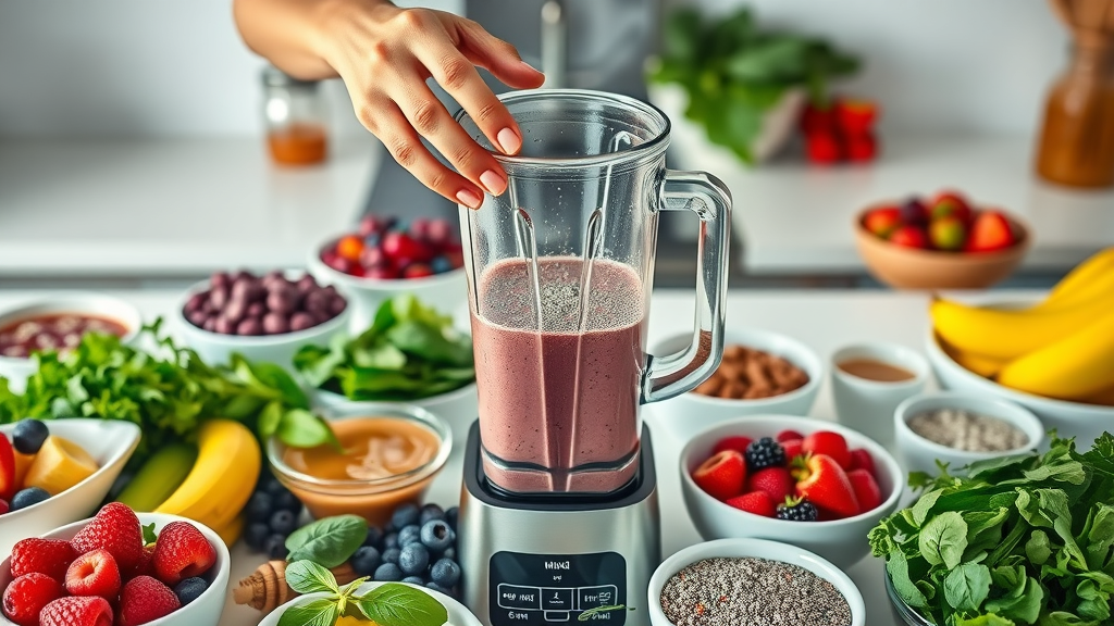 Fresh smoothie ingredients and chia seeds being added to a blender for chia seed smoothie recipes, colorful fruits and greens