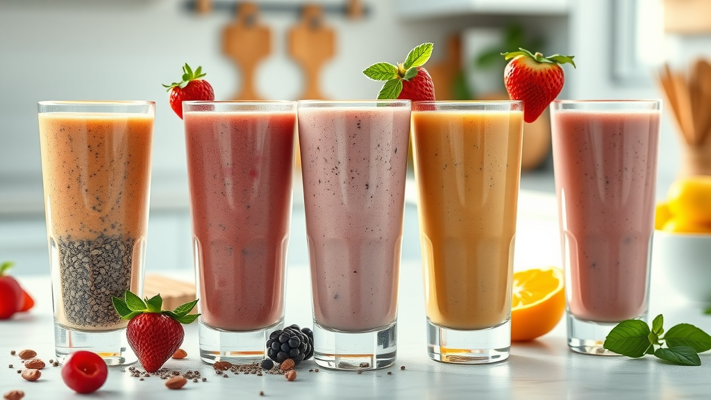 Lineup of five vibrant chia seed smoothies for chia seed smoothie recipes, clear glasses with colorful fruit layers and chia textures