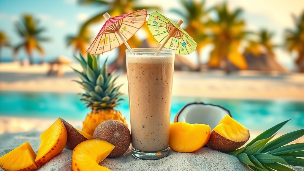 Tropical chia seed smoothie with mango, pineapple, and coconut, beach background, bright island escape for smoothie recipe inspiration