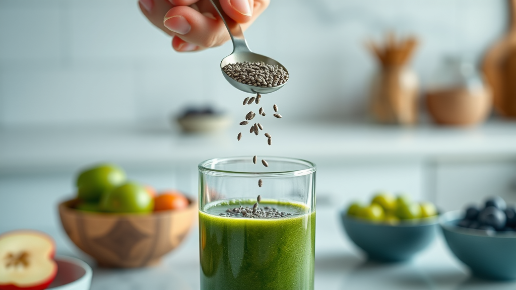 Spoon measuring chia seeds above a green chia seed smoothie in a glass, chia seeds sprinkled in mid-air, precise nutrition for smoothie recipes