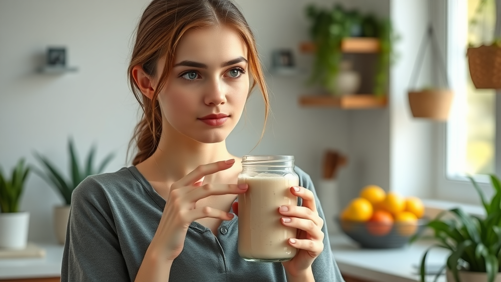 Thoughtful young woman with dairyfree protein smoothie in modern kitchen, vibrant fruit, plants, natural light, dairyfree protein smoothie recipes