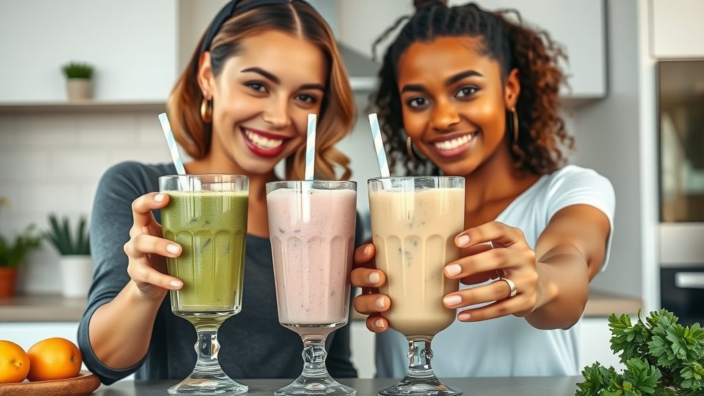 Colorful vegan and classic protein shakes, diverse women holding shakes, comparison, modern airy kitchen, dairyfree protein smoothie recipes
