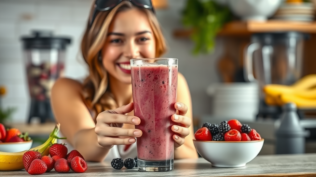 Vibrant berry banana protein smoothie, joyful woman, rustic kitchen, dairyfree protein smoothie recipes
