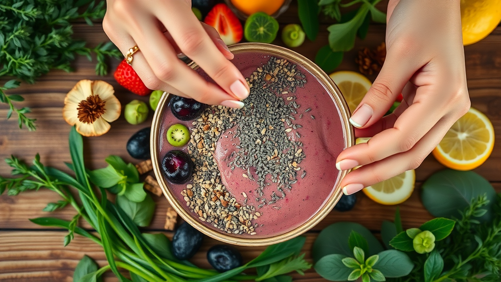 Protein-packed smoothie bowl, top-down, vibrant plant-based ingredients, hands adding chia seeds, dairyfree protein smoothie recipes