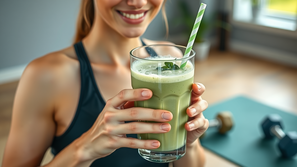 Refreshing green dairyfree protein shake, athletic woman post-workout, fitness scene, dairyfree protein smoothie recipes