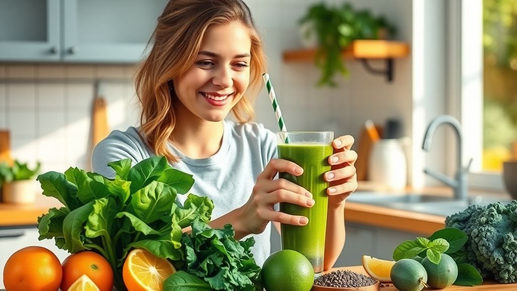 Vibrant kitchen scene, smiling woman preparing a green detox smoothie with spinach, kale, citrus fruits, and chia seeds in a sunlit kitchen