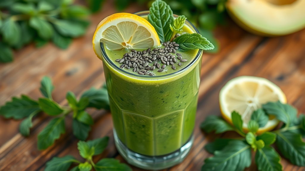 Close-up of a vibrant green detox smoothie in a glass, garnished with chia seeds and a lemon slice on a wood table with leafy greens