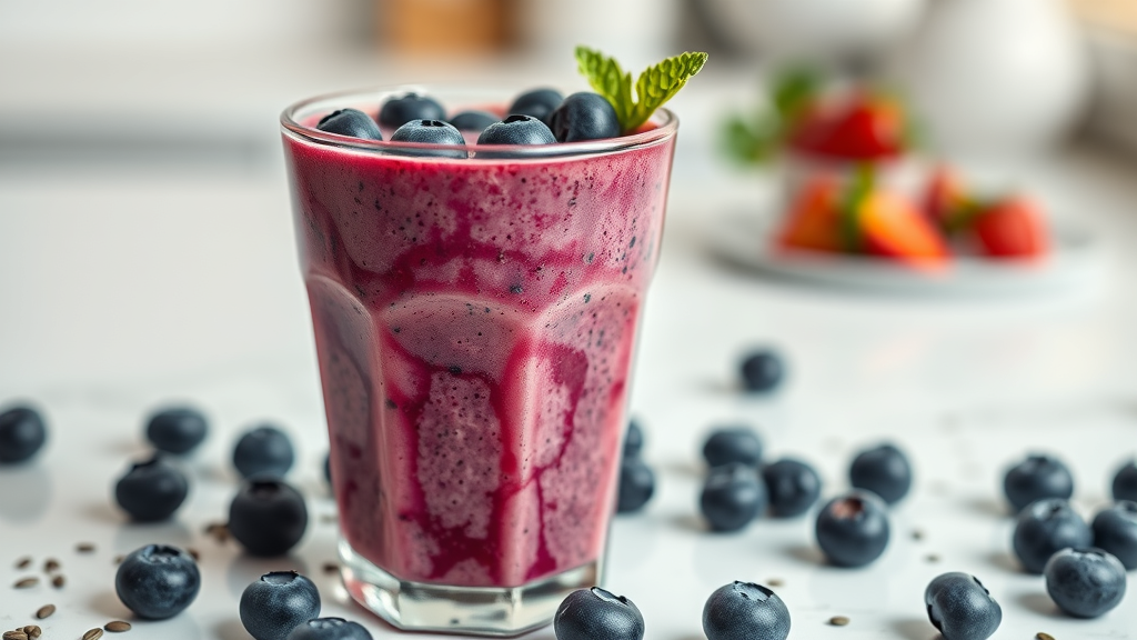 Colorful berry detox smoothie in a clear glass, topped with fresh blueberries and chia seeds, with scattered berries on a white kitchen background
