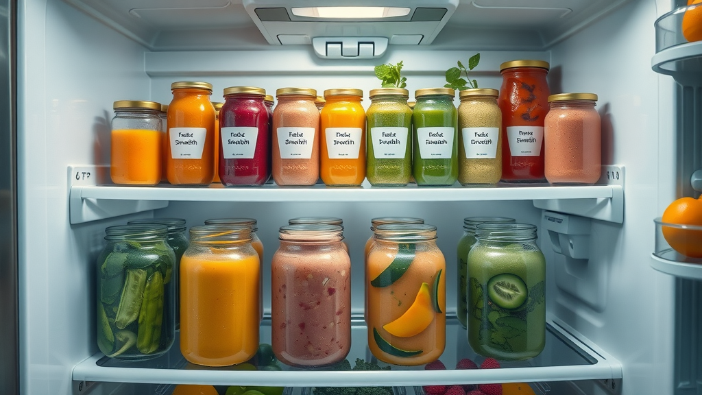Organized refrigerator shelf stocked with colorful jars of ready-to-drink detox smoothies among fresh greens and fruits