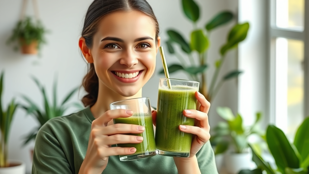 Smiling nutritionist holding a vibrant glass of green detox smoothie in a modern wellness office with plants