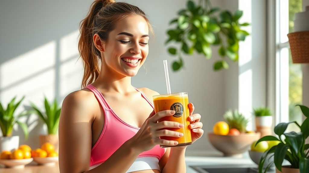 Woman in sunlit kitchen enjoying a glutenfree smoothie for a fresh start to her healthy day