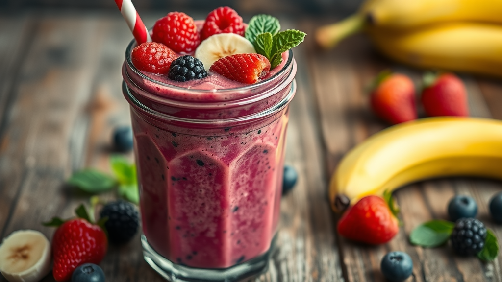 Close-up of a berry banana glutenfree smoothie, topped with berries and banana slices