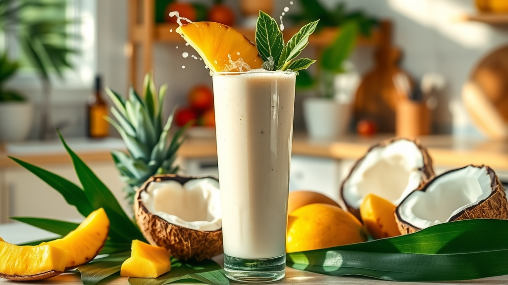 Tropical coconut milk smoothie with pineapple and mango, surrounded by tropical leaves