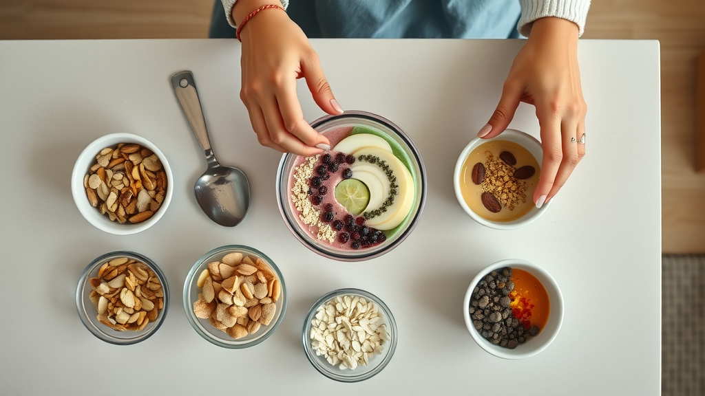 Overhead shot of glutenfree smoothie toppings like seeds, nuts, and fresh fruits for custom blends