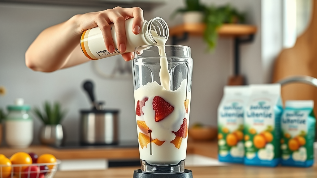 Hands pouring almond milk into blender of fruits for a gluten free and dairy free smoothie