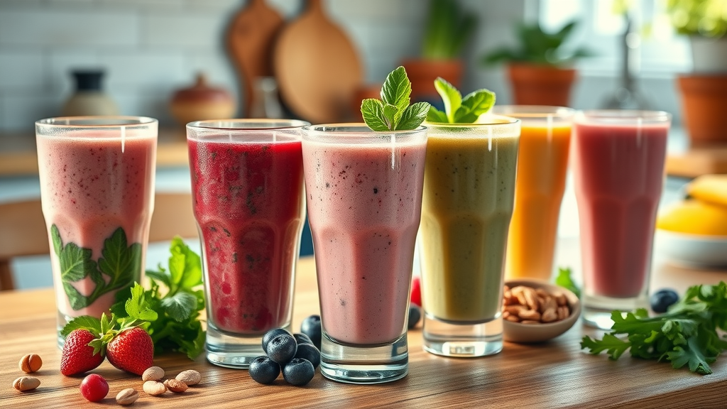 Vibrant assortment of diabetic-friendly smoothies in clear glasses, garnished with berries, leafy greens, and nuts, inviting, arranged neatly on a rustic wooden kitchen table. Photorealistic high fidelity lifelike, sunlit kitchen with fresh ingredients visible. Highly detailed, subtle steam rising, cool and warm color mix, natural soft lighting, shot with a 50mm lens.