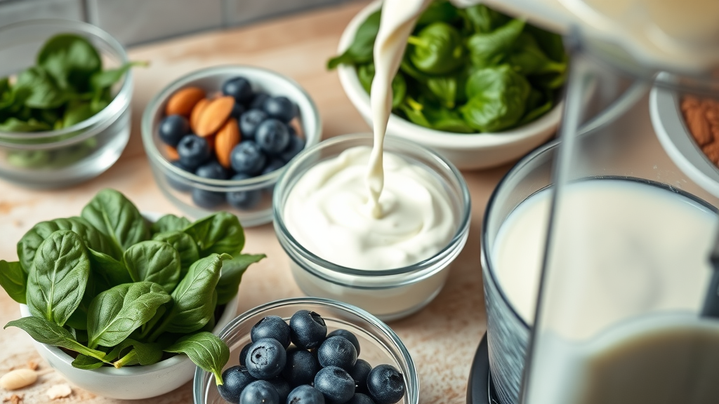 Close-up of ingredients for diabetic-friendly smoothie: fresh spinach leaves, blueberries, almond butter, and Greek yogurt in bowls. Action of pouring almond milk into a blender. Photorealistic high fidelity lifelike, kitchen countertop background, highly detailed, ingredients in mid-pour, neutral color tones, daylight streaming, shot with a macro lens.