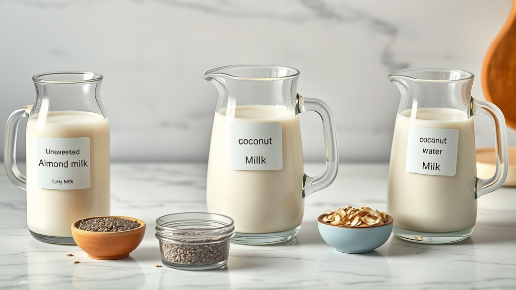 Selection of healthy smoothie liquid bases: unsweetened almond milk, coconut water, low-fat milk, displayed in labeled glass pitchers. Smooth marble countertop with chia seeds and oats. Highly detailed, small splashes of liquid, pastel tones, overhead soft lighting, shot with a 35mm lens.