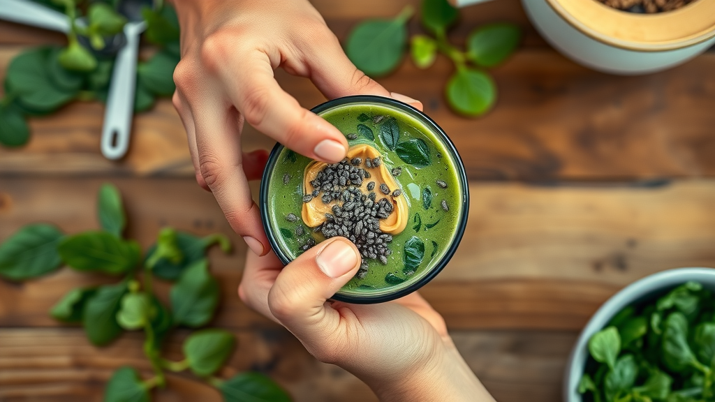 Overhead view of hands customizing smoothie by adding spinach, substituting nut butter, and sprinkling chia seeds. Wooden kitchen workspace, measuring spoons visible, highly detailed, fresh green and nutty brown colors, soft ambient lighting, shot with a 35mm lens.
