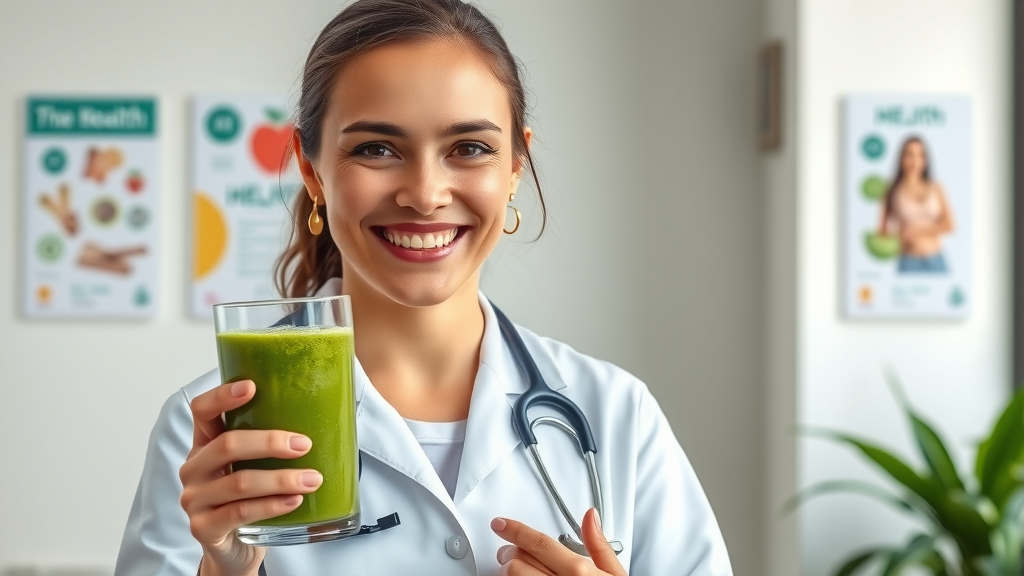 Friendly registered dietitian in a lab coat, smiling, holding a fresh green smoothie in a clear glass. Modern clinic background with health posters and potted plant, highly detailed, light sparkle on glass, natural skin tones, diffused white lighting, shot with an 85mm lens.