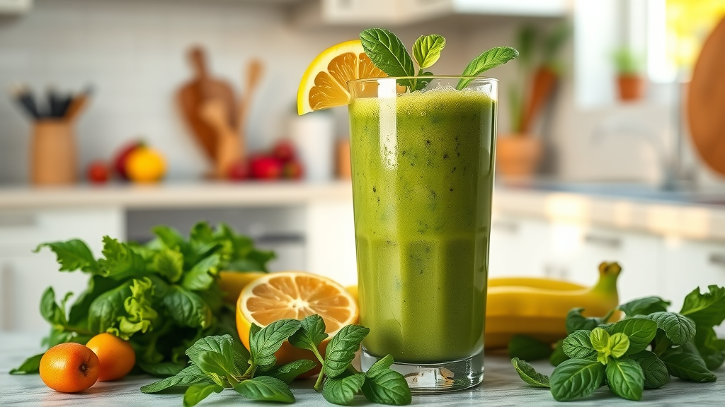 inviting glass of green protein smoothie, vibrant and fresh, resting on a kitchen counter with fresh leafy greens and fruits nearby.