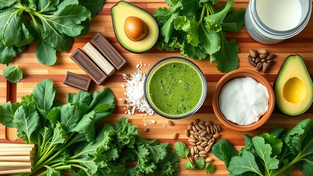 colorful array of green smoothie ingredients, neatly arranged, including spinach, kale, avocado, protein powder, coconut water, and seeds.