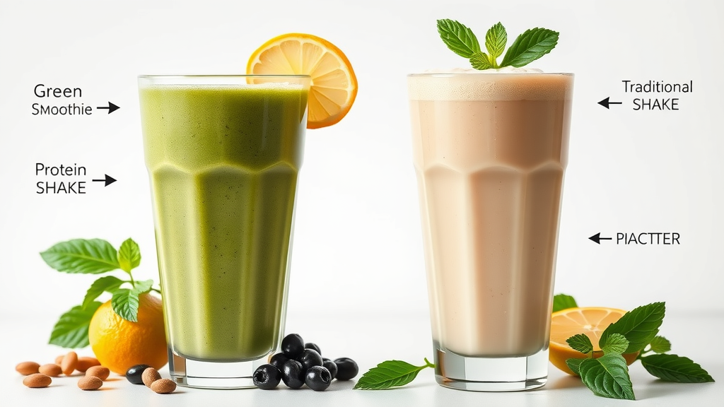 dynamic comparison of green protein smoothie and traditional protein shake, with labeled ingredients and side-by-side glassware.