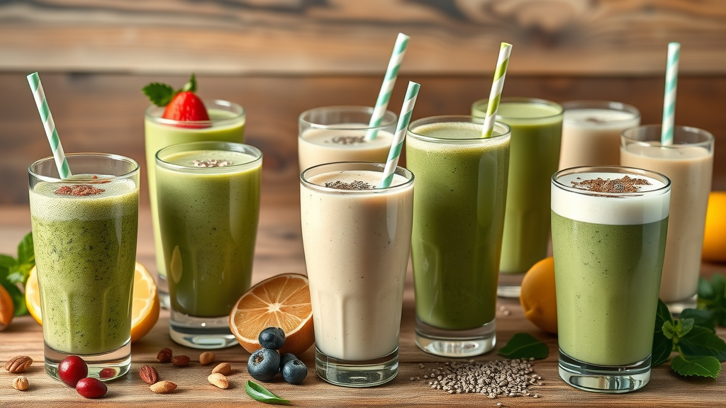 creative display of different green protein smoothies in various clear glasses, colorful garnishes like berries, nuts, and chia seeds.