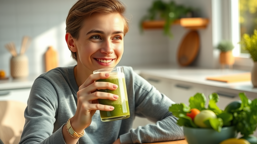 thoughtful person enjoying a healthy green protein smoothie, sitting at a bright breakfast table with fresh greens nearby.