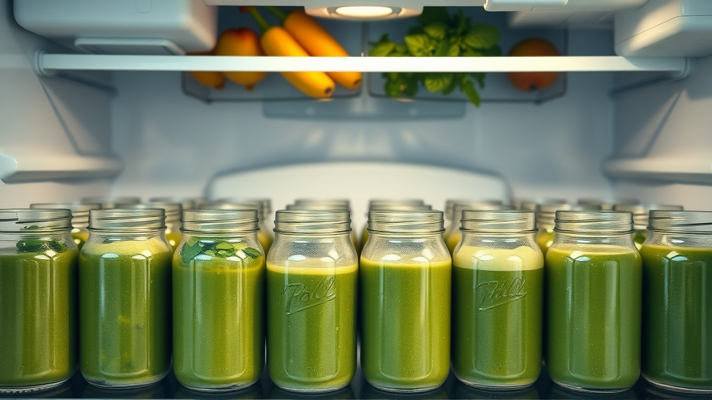 organized refrigerator shelf filled with clear glass jars of prepped green smoothies, ready to grab and go.