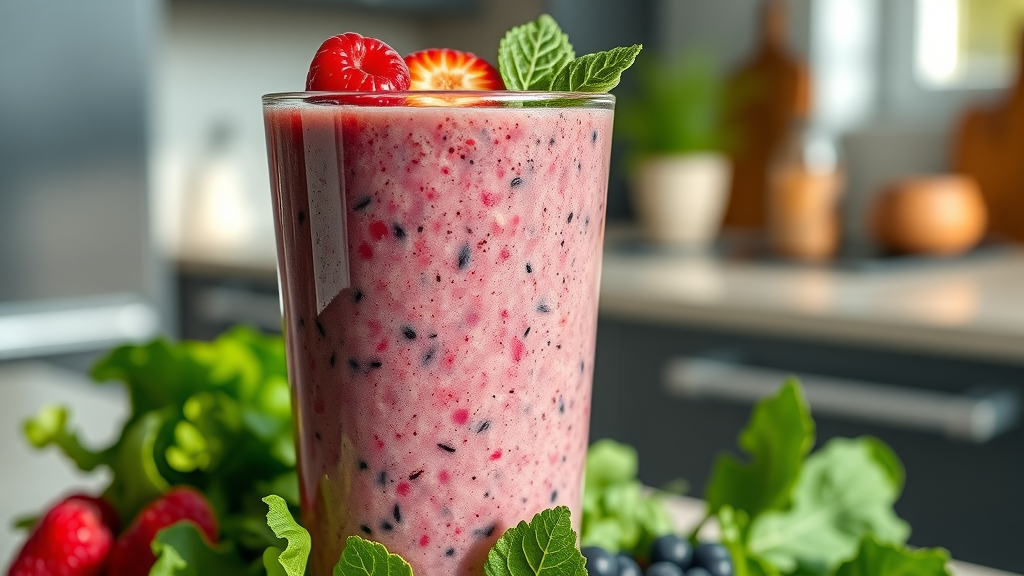 nutritious healing smoothie recipes close-up with leafy greens and berries in glass, protein powder topping, modern kitchen countertop