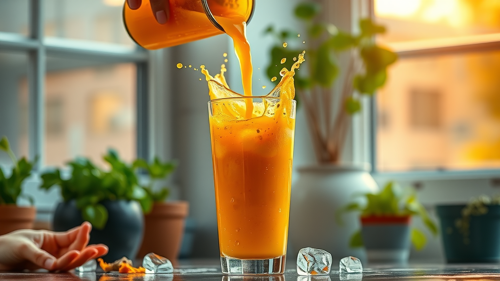 healing smoothie recipes ginger turmeric bright orange smoothie with ice, kitchen background, potted herbs