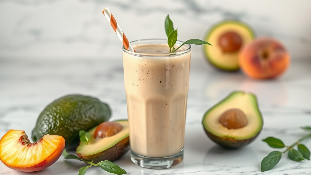 creamy healing smoothie recipes peach avocado with straw, healthy pastel peach and green tones, marble countertop