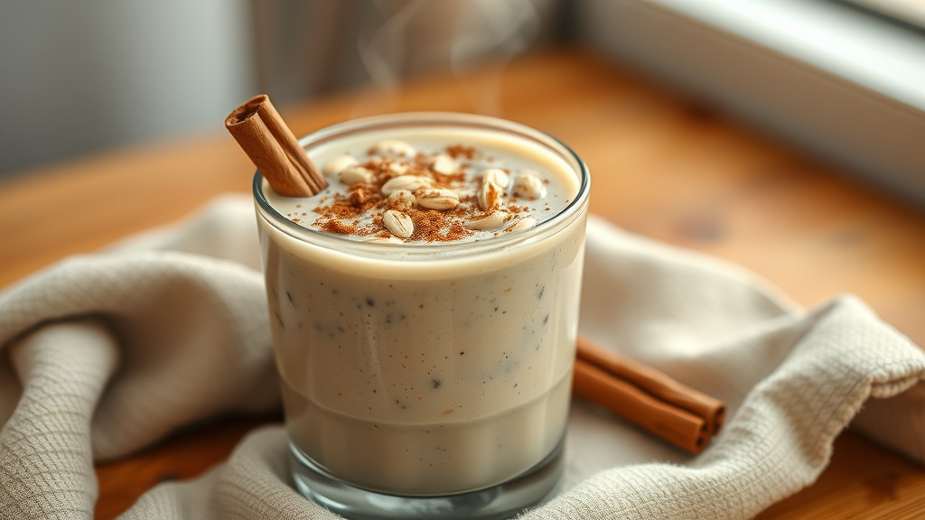 calming healing smoothie recipes almond oat smoothie with cinnamon, cozy breakfast nook, warm tones
