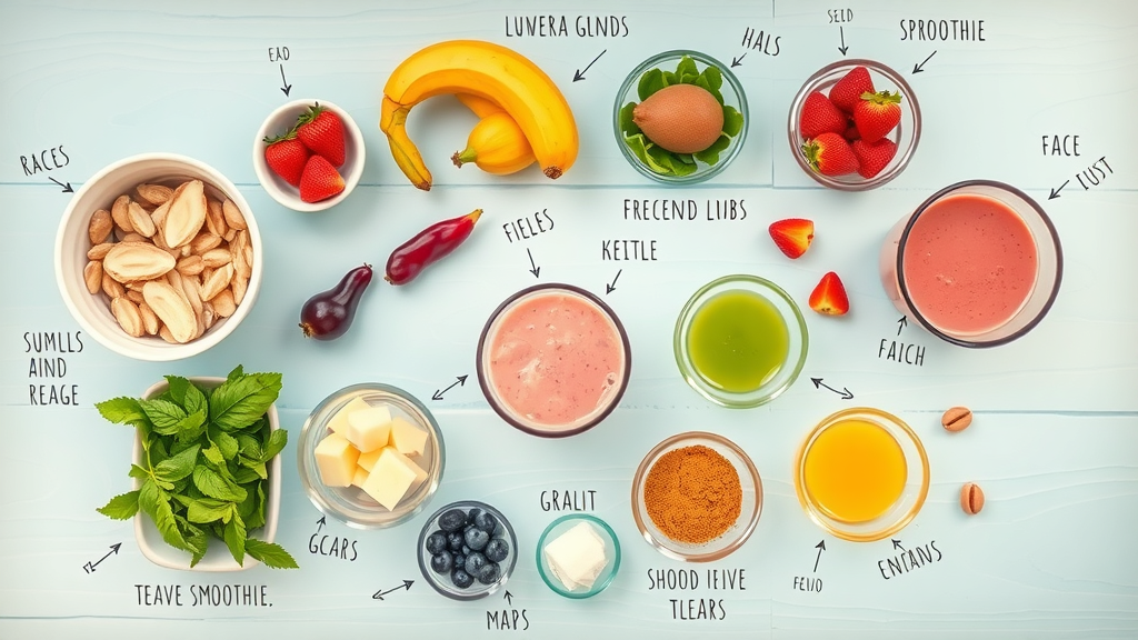 healing smoothie recipes colorful flat lay of key smoothie ingredients in bowls, playful countertop kitchen