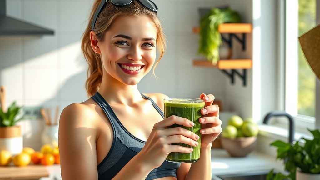 healthy breakfast smoothies vibrant kitchen, woman enjoying green smoothie with fresh fruits and greens, bright natural morning kitchen