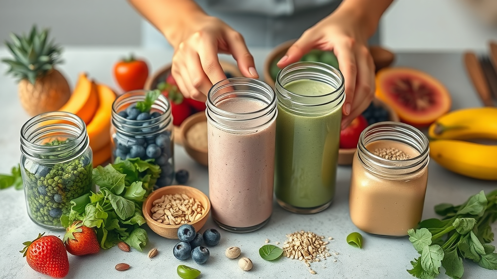 Colorful smoothie ingredients for healthy breakfast smoothies, fruits, greens, nut butters, seeds on counter