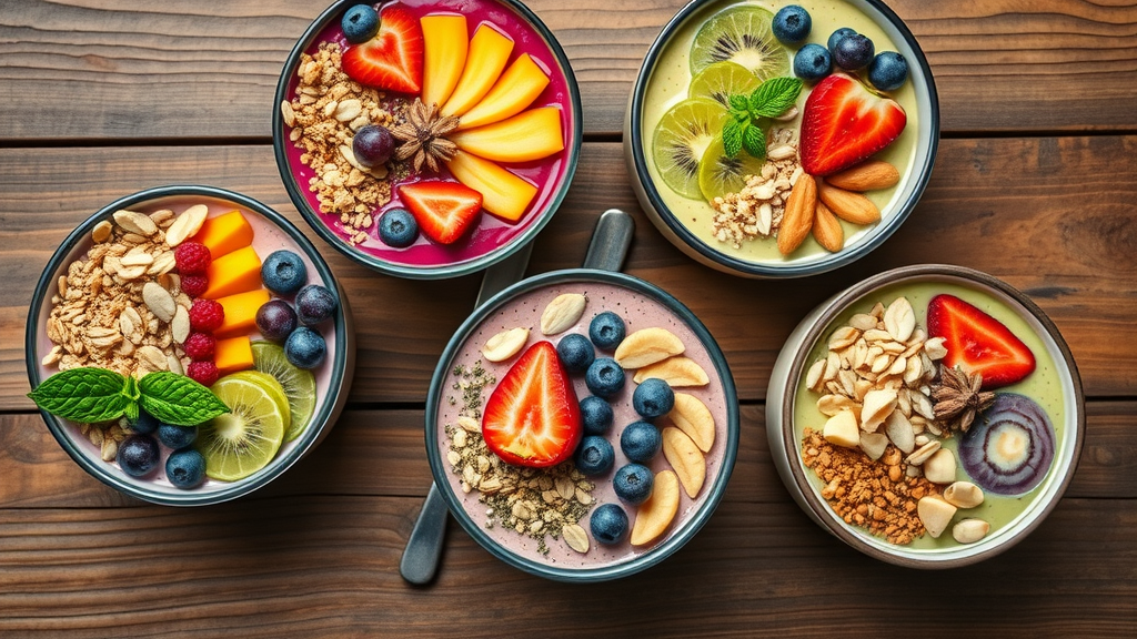 Healthy breakfast smoothie bowls with toppings, fruits, nuts and seeds, rustic wood table