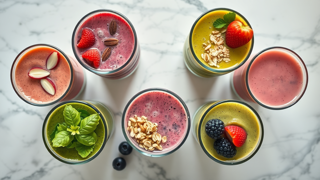 Artistic overhead view of five healthy breakfast smoothies with diverse toppings, berries, oats, nuts and seeds on marble countertop