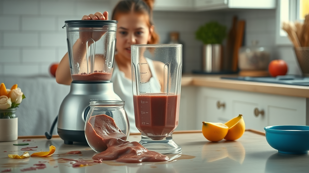 Messy kitchen with spilled breakfast smoothie, unwashed blender, fruit peels, daily smoothie mistakes