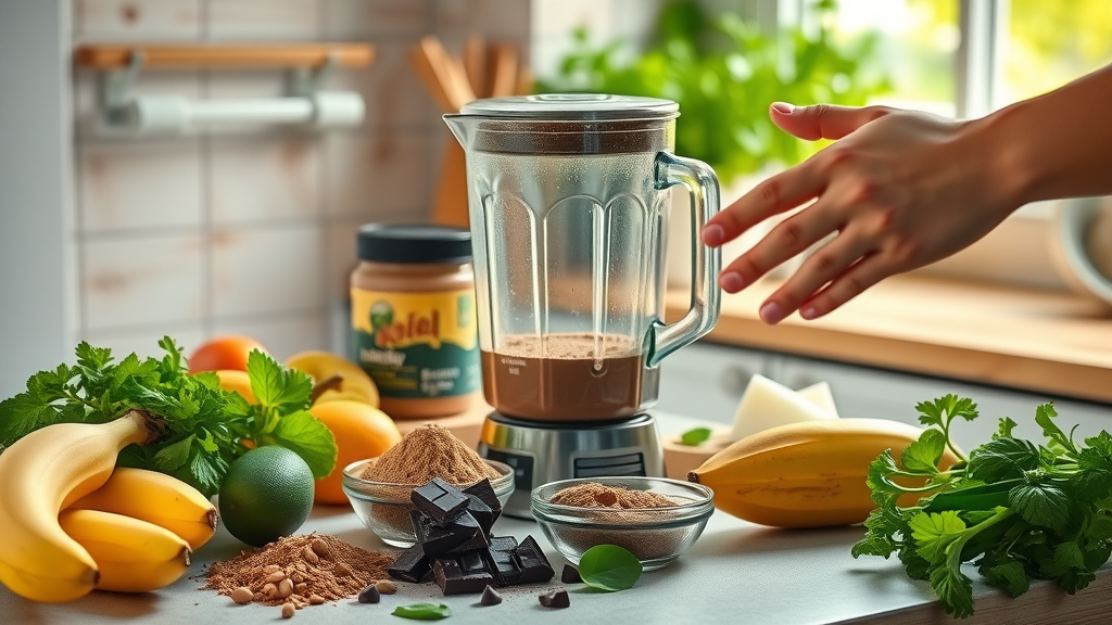 Healthy chocolate smoothie recipes ingredients including bananas, cocoa powder, dark chocolate pieces, peanut butter, leafy greens, and a blender on a sunlit rustic kitchen countertop.