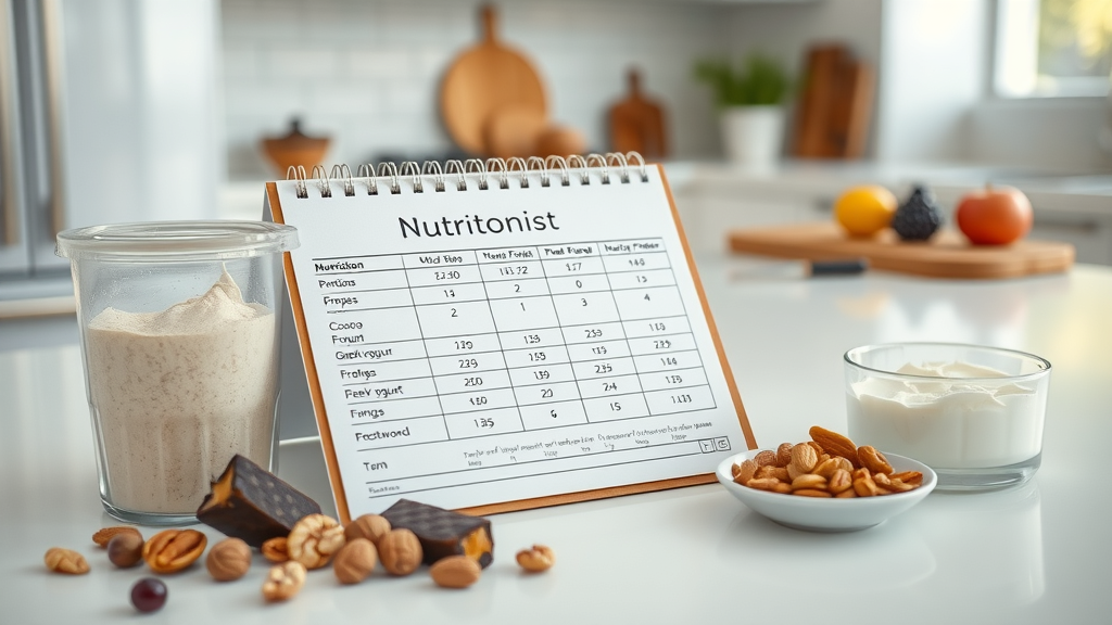 Macronutrient breakdown for healthy chocolate smoothie recipes with ingredients: protein powder, cocoa, Greek yogurt, nuts, and fruits on a modern kitchen counter.