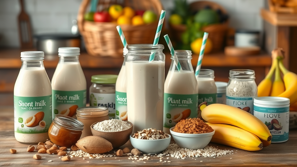 Plant milks, nut butters, and protein powders displayed as healthy chocolate smoothie bases on a rustic kitchen counter with fresh bananas.