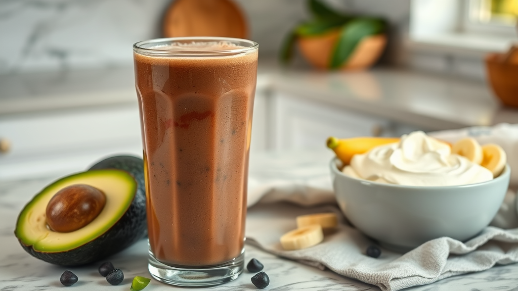 Chocolate smoothie with avocado, banana, and Greek yogurt shown as creamy healthy chocolate smoothie recipe ingredients on a marble kitchen counter.