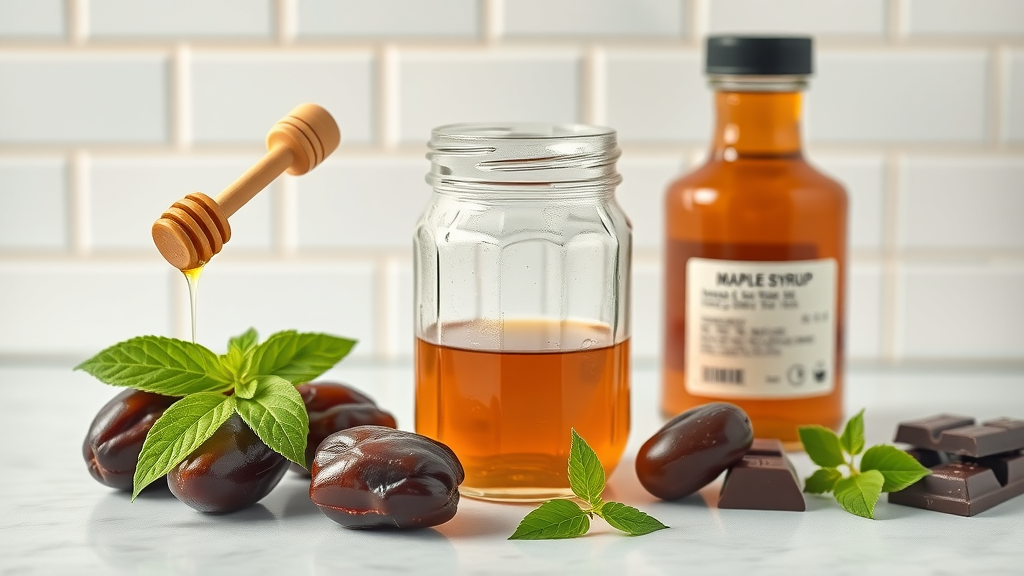 Natural sweeteners for healthy chocolate smoothies: honey, dates, stevia leaf, and maple syrup next to dark chocolate squares on a clean kitchen counter.